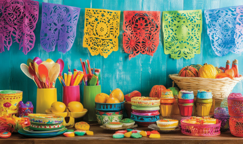 Mexiko Arrangement aus bunten Papel Picado-Bannern, Maracas und kleinen mexikanischen Flaggen zeigt die lebendigen Traditionen des Hispanic Heritage Month und lädt zum Feiern und zur Wertschätzung ein