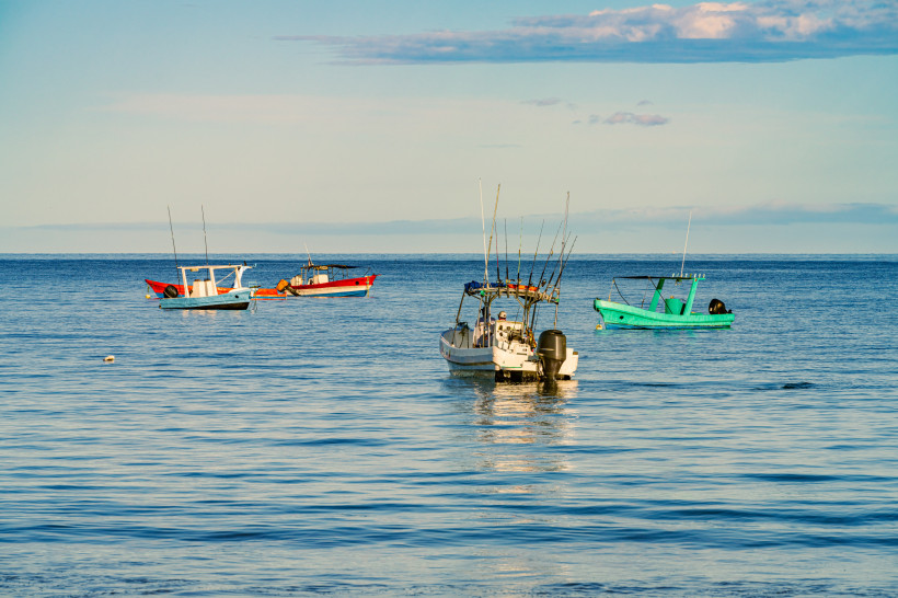 Fiesta Virgen del Mar Mehrere bunte Fischerboote treiben ruhig auf dem blauen Meer unter einem klaren Himmel