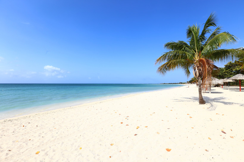 Idyllischer Strand an der Playa Ancón bei Trinidad auf Kuba mit feinem weißen Sand, türkisblauem Meer, Palmen und Strohdächern unter strahlend blauem Himmel.