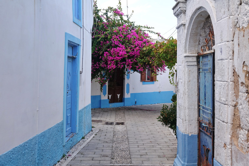 Schmale gepflasterte Gasse im Dorf Koskinou auf Rhodos mit weißen Häusern, blauen Türen und pinker Bougainvillea