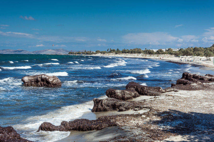 Kos - Mastichari Langer Sandstrand von Mastichari auf Kos mit flachen Wellen, Felsbrocken und Seegrasanschwemmungen an der Nordküste.