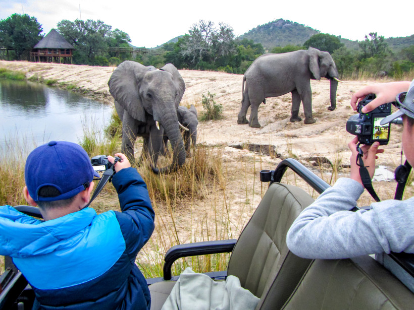 Südafrika Zwei Personen in einem offenen Safari-Fahrzeug fotografieren Elefanten, die am Rand eines Wasserlochs stehen. Im Hintergrund sind Hügel, Bäume und eine Lodge mit Strohdach zu sehen.