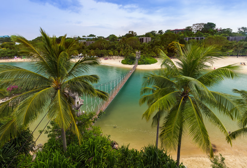 Hängebrücke am Palmenstrand von Sentosa, Singapur Hängebrücke über die Lagune am Palmenstrand von Sentosa in Singapur, umgeben von weißem Sandstrand und tropischer Vegetation.