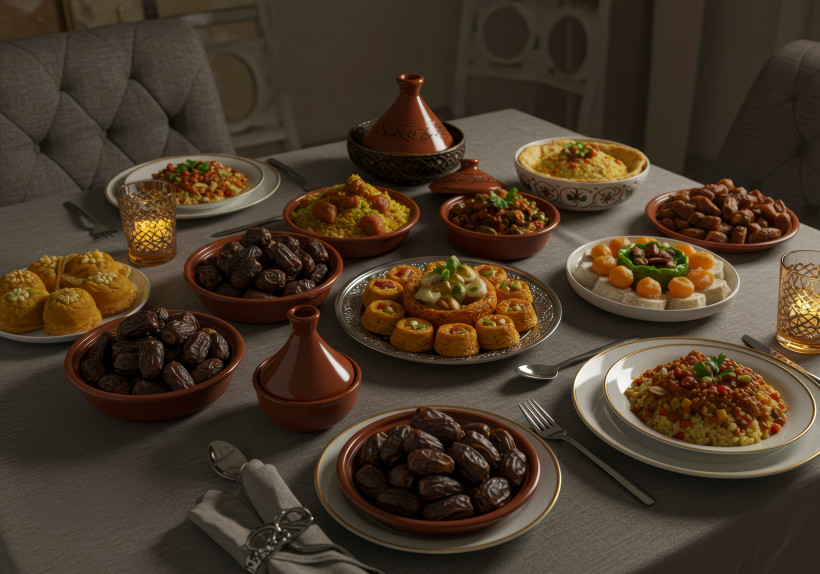 Ramadan-Iftar-Aufstrich mit klassischer orientalischer Küche zum Ende des Fastens und der Eid-Feierlichkeiten