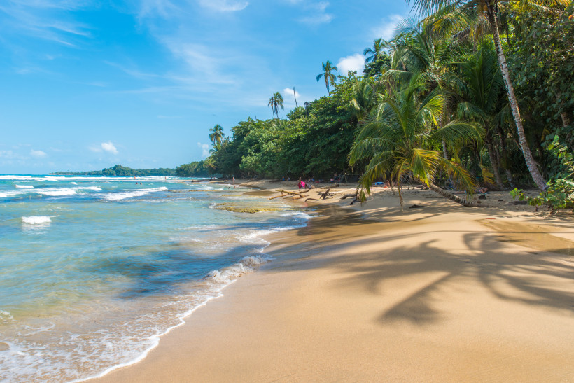 Playa Cocles in Puerto Viejo – Karibikstrand in Costa Rica Weitläufiger Playa Cocles Strand in Puerto Viejo mit goldgelbem Sand und Wellen am Karibischen Meer in Costa Rica