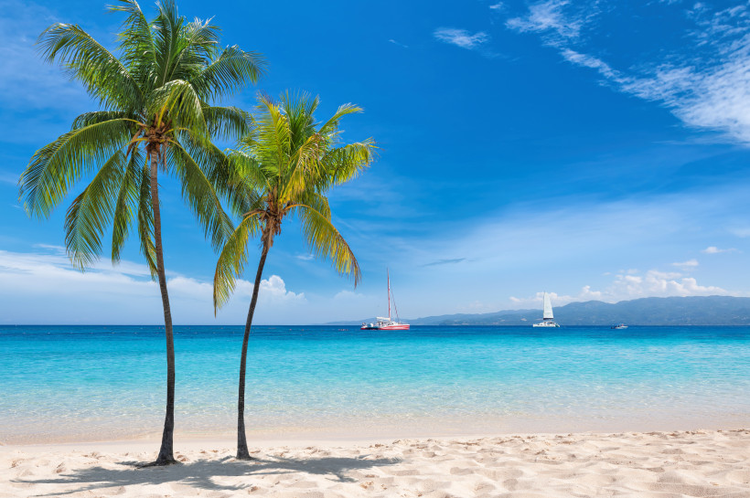 Jamaika Zwei schlanke Palmen stehen auf einem hellen Sandstrand mit Blick auf das türkisfarbene Meer. Im Hintergrund gleiten zwei Katamarane über das ruhige Wasser, dahinter zeichnet sich eine sanfte Bergkette unter einem strahlend blauen Himmel ab. Das Bild verm