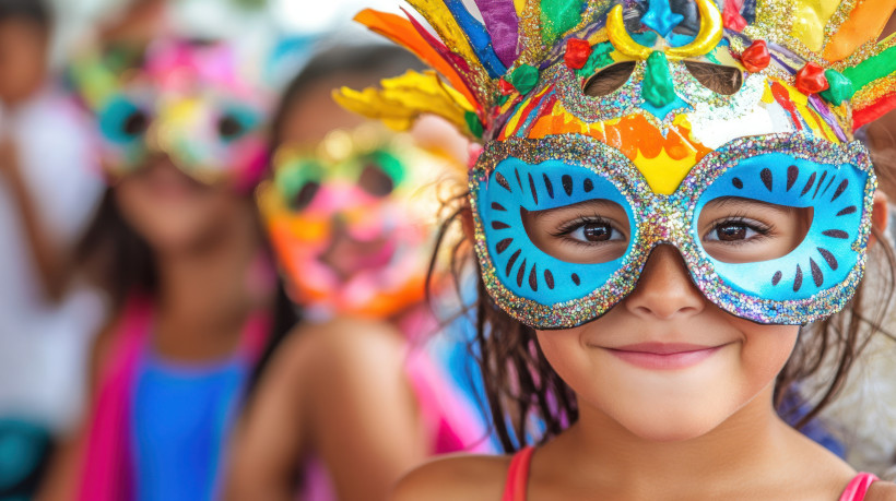 Ein fröhliches Kind trägt eine farbenfrohe Karnevalsmaske, verziert mit Glitzer, Federn und bunten Mustern. Im Hintergrund sind weitere Kinder mit leuchtenden Masken zu sehen. Die Szene versprüht Lebensfreude und erinnert an ein lebhaftes Fest voller Farb