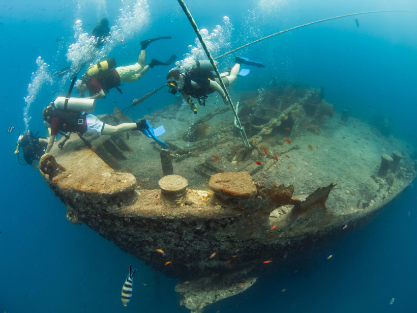 Ägypten - Sharm el Sheikh Mehrere Taucher mit Sauerstoffflaschen erforschen ein altes, rostiges Schiffswrack unter Wasser. Um sie herum schwimmen kleine bunte Fische.