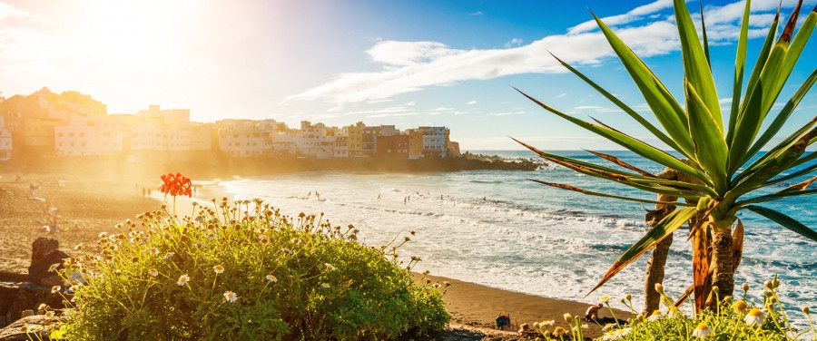 Teneriffa Blick von oben auf einen Strand, Wellen, im Hintergrund ein kleiner Ort