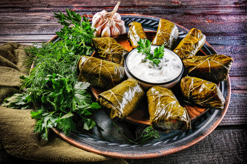 Dolmadakia in Weinblättern mit Kräutern und Joghurt-Dip auf einem Teller