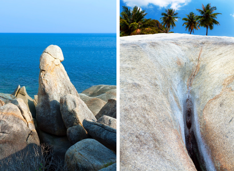 Hin Ta und Hin Yai Koh Samui – Großvater- und Großmutterfelsen Die berühmten Hin Ta und Hin Yai Felsen auf Koh Samui, Thailand, auch bekannt als Großvater- und Großmutterfelsen, eine beliebte Sehenswürdigkeit am Meer.