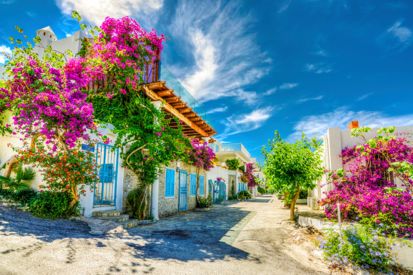 Eine idyllische Gasse mit weiß gestrichenen Häusern, blauen Fensterläden und üppig blühenden Bougainvillea-Pflanzen. Die Szene wirkt sonnig und mediterran, unter einem strahlend blauen Himmel.