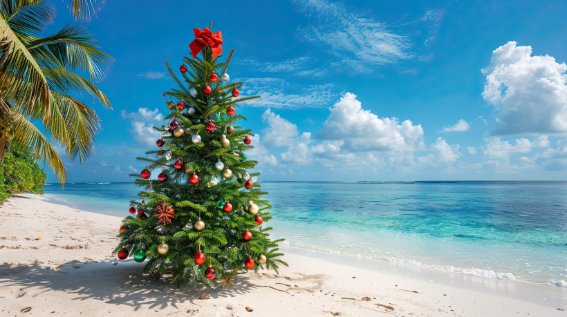 Mexiko Ein geschmückter Weihnachtsbaum an einem tropischen Strand