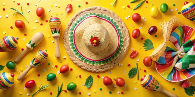 Mexiko Buntes mexikanisches Osterdekor, Sombrero, Maracas und Eier, Ostern