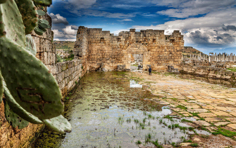 Perge Stadtmauer – Historisches Tor und Ausgrabungen bei Antalya Antike Toranlage und Stadtmauer der Ruinenstadt Perge in der Türkei, umgeben von Wasserbecken, Kakteen und archäologischen Ausgrabungen.
