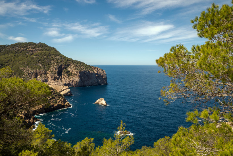 Felsküste bei Sant Antoni mit Pinienwald und Blick auf das Meer