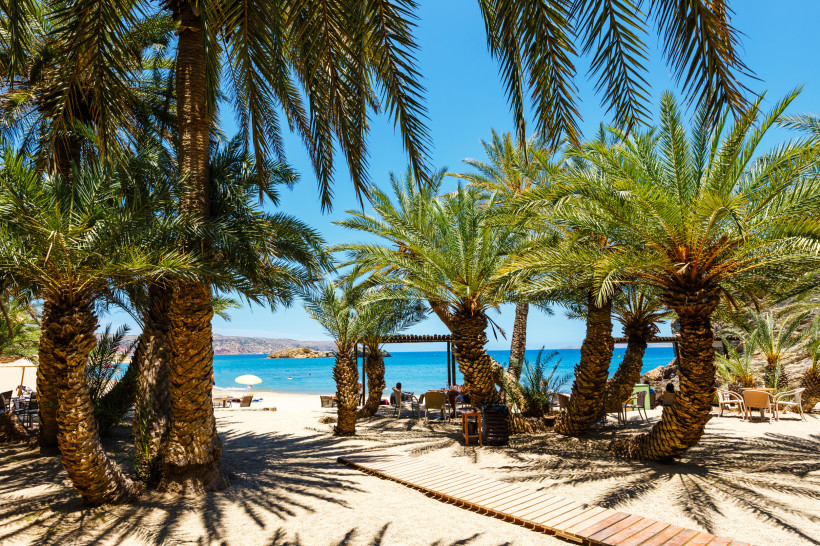 Strand mit Palmen und Blick auf das blaue Meer auf Kreta