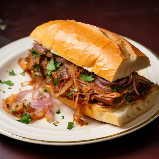 Leckeres Pulled Pork Sandwich mit roten Zwiebeln und frischen Kräutern auf einem Teller