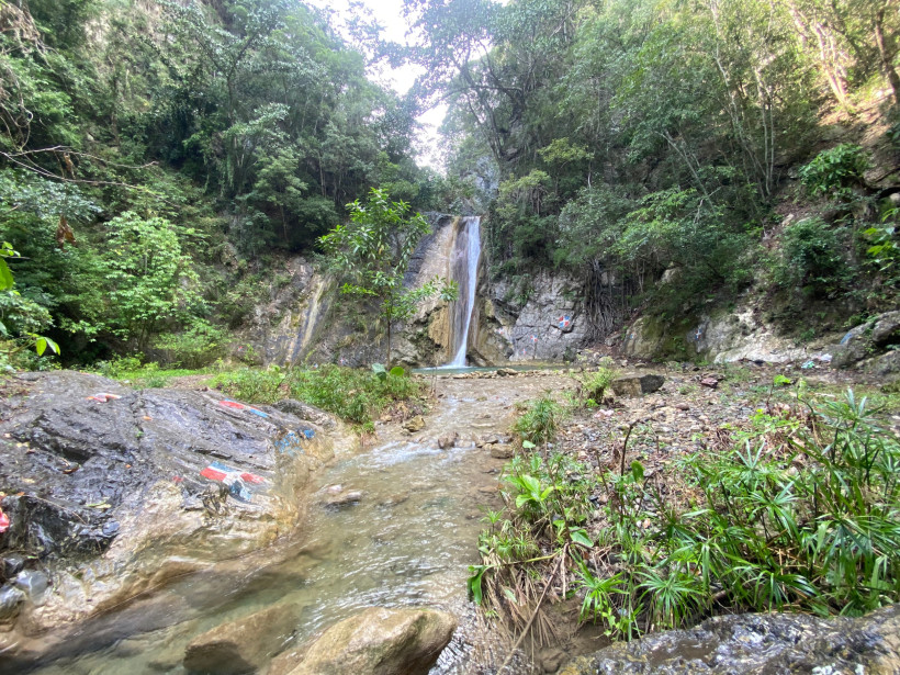 Dominikanische Republik Kleiner Wasserfall inmitten grüner Vegetation in der Dominikanischen Republik, mit einem klaren Bach im Vordergrund