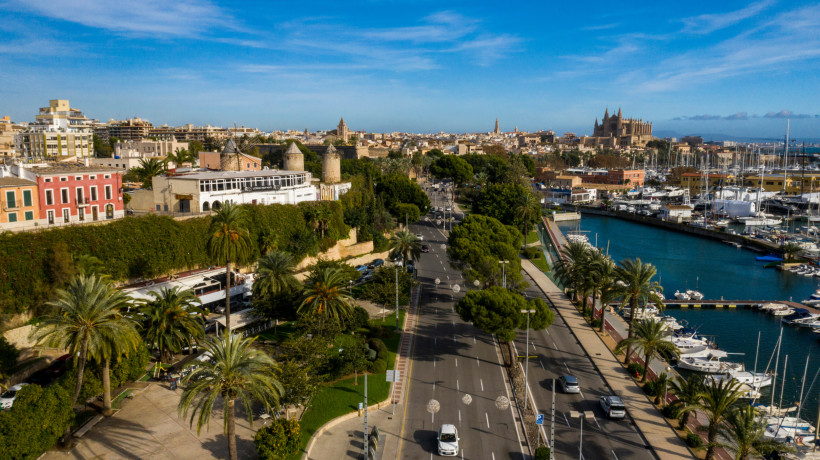 Paseo Marítimo mit palmengesäumter Uferstraße und Jachthafen, Blick auf die Stadt im Hintergrund