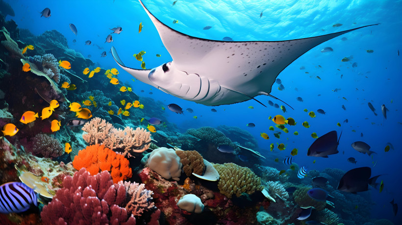 Riffmanta über einem Korallenriff mit tropischen Fischen in der Karibik