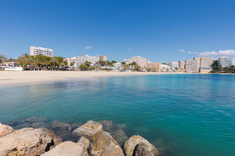 Blick auf die Playa de Magaluf mit Sandstrand, türkisfarbenem Meer, Palmen und Hotelgebäuden im Hintergrund