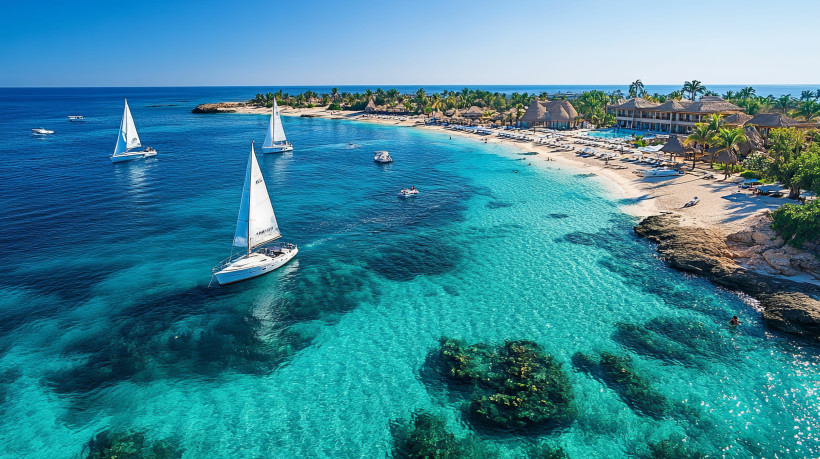 Mexiko Segelboote ankern in der Nähe eines Strandes des tropischen Resorts