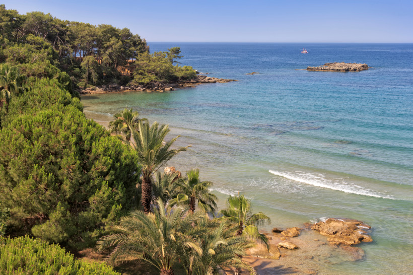 Küstenlandschaft im İncekum Naturpark bei Avsallar mit dichten Pinienbäumen, Palmen und klarem Meerwasser