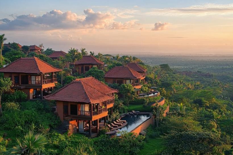 Kenia Mehrere luxuriöse Villen mit roten Ziegeldächern liegen eingebettet in tropischem Grün an einem Hang. Im Vordergrund ein eleganter Infinity-Pool mit Sonnenliegen, im Hintergrund weite Landschaft unter einem goldenen Sonnenuntergang.