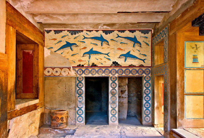 Knossos, Heraklion, Kreta Das Delfinfresko aus dem Megaron der Königin im minoischen Palast von Knossos