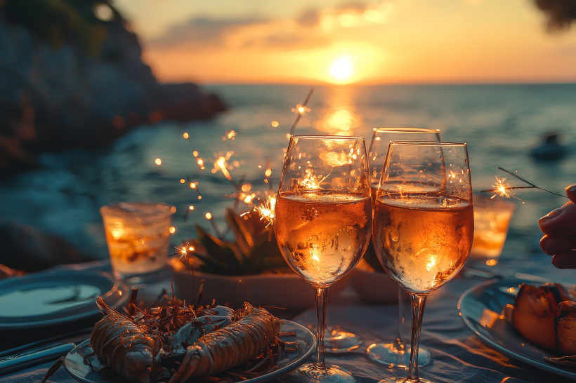 Teneriffa Silvesterfeier am Strand, Essen, Gläser mit Getränken, im Hintergrund das Meer bei Sonnenuntergang