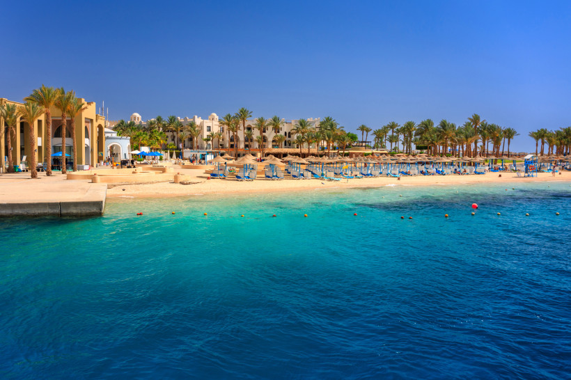 Hotelstrand in Marsa Alam mit Palmen, Liegen und klarem türkisfarbenem Meer