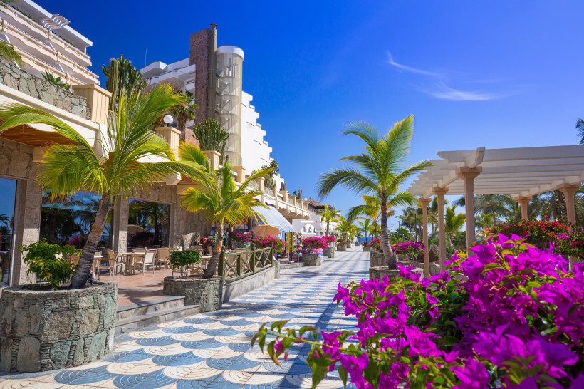 Palmenpromenade in Gran Canaria Sonnige Promenade mit Palmen, Blumen und Geschäften an der Südküste Gran Canarias.