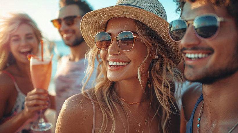 Eine Gruppe junger Freunde genießt eine ausgelassene Sommerparty am Strand. Mit Sonnenbrillen, Strohhüten und kühlen Cocktails in der Hand lachen sie und genießen das warme Sonnenlicht. Die entspannte Atmosphäre und die goldene Abendsonne verleihen dem Mo