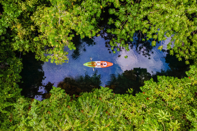 Thailand - Krabi Das Bild zeigt eine eindrucksvolle Vogelperspektive: Zwei Personen sitzen in einem orange-grünen Kajak und paddeln durch einen engen, ruhigen Wasserlauf, der sich durch dichten, sattgrünen Dschungel schlängelt. Die Wasseroberfläche spiegelt die umgebenden