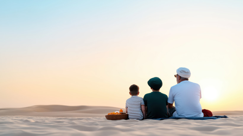 Ein Vater und zwei Kinder sitzen auf einer Decke in der Wüste und genießen den Sonnenuntergang, mit einem Obstkorb neben ihnen