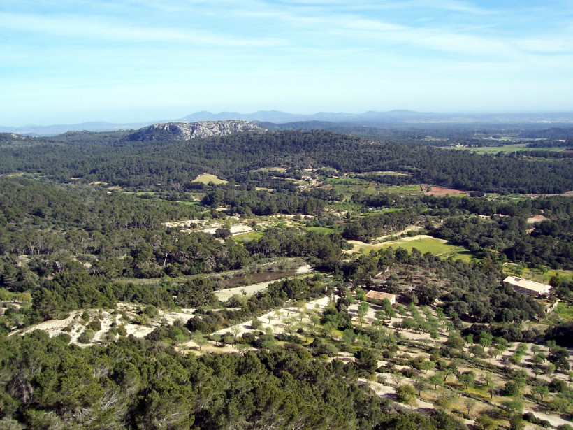 Panoramablick vom Puig de Randa über Wälder, Felder und Hügelketten in der Ferne