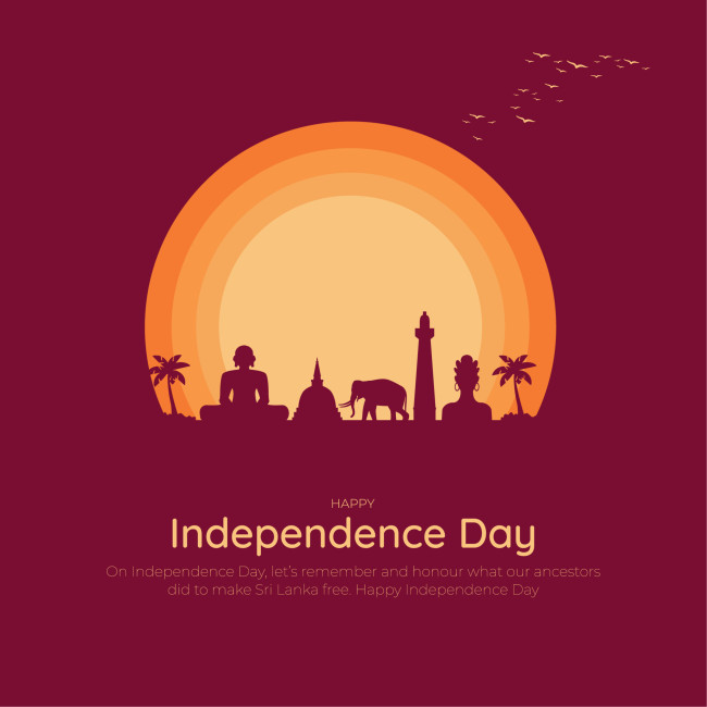 Grafik mit Sonnenuntergang im Hintergrund und stilisierten Symbolen Sri Lankas im Vordergrund: Buddha-Statue, Stupa, Elefant, Löwenstatue, Palmen und ein hoher Turm. Darüber fliegen Vögel. Der Text in der Mitte lautet: 'Happy Independence Day. On Independ
