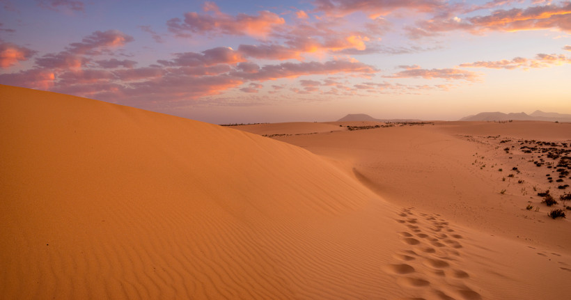 Dünen von Corralejo bei Sonnenuntergang – Fuerteventuras Wüstenlandschaft Spuren im Sand während eines farbenreichen Sonnenuntergangs in den Dünen von Corralejo auf Fuerteventura.