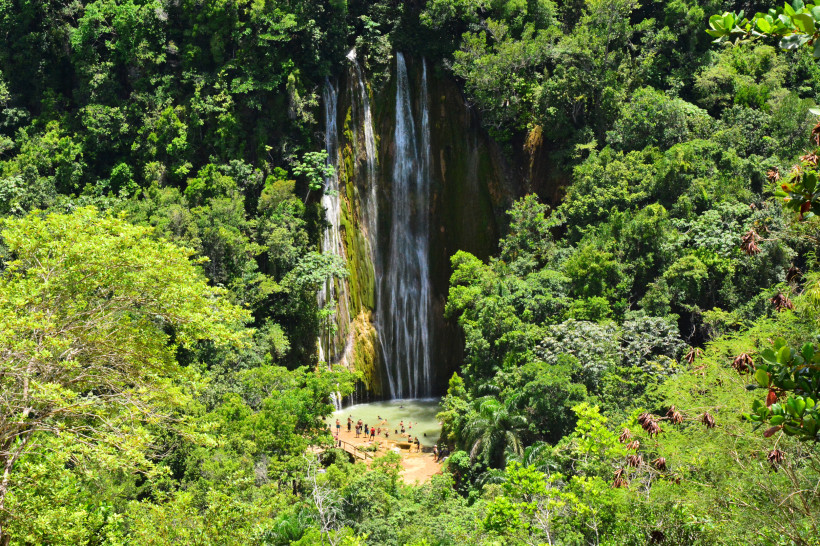 Dominikanische Republik Der beeindruckende Wasserfall El Limón stürzt inmitten dichter grüner Vegetation in ein Naturbecken