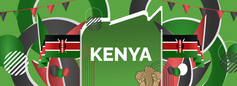 Kenia Bunte Grafik mit dem Wort 'Kenya' in der Mitte. Umgeben von stilisierten Kenia-Flaggen, Luftballons, erhobenen Fäusten und abstrakten Mustern in Rot, Grün, Schwarz und Weiß – den Farben der kenianischen Nationalflagge.