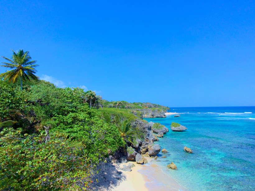 Cabrera, Dom. Rep. Felsige Küste mit üppiger Vegetation, türkisblauem Wasser und kleinem Sandstrand in der Dominikanischen Republik