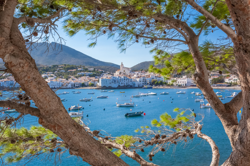 Panoramablick durch die Zweige einer Pinie auf die Bucht von Cadaqués mit zahlreichen kleinen Booten auf dem blauen Wasser. Dahinter die Küstenstadt mit weißen Häusern und einer Kirche am Hang, eingebettet in eine grüne Hügellandschaft.