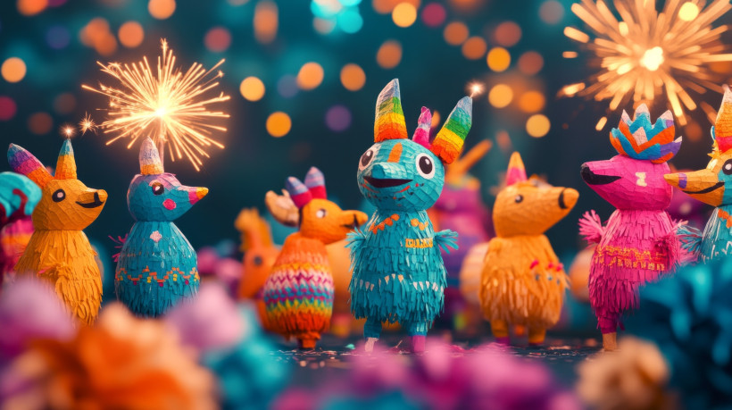 Mexiko Bunte Piñatas feiern mit festlichen Wunderkerzen