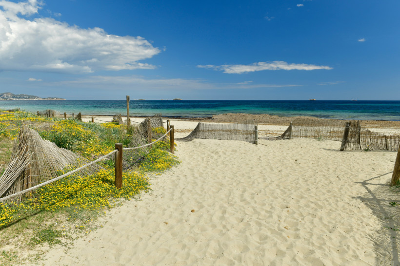 Ruhiger Strandabschnitt an der Playa d'en Bossa im Süden mit Sanddünen, Holzpfosten und Blick auf das Meer