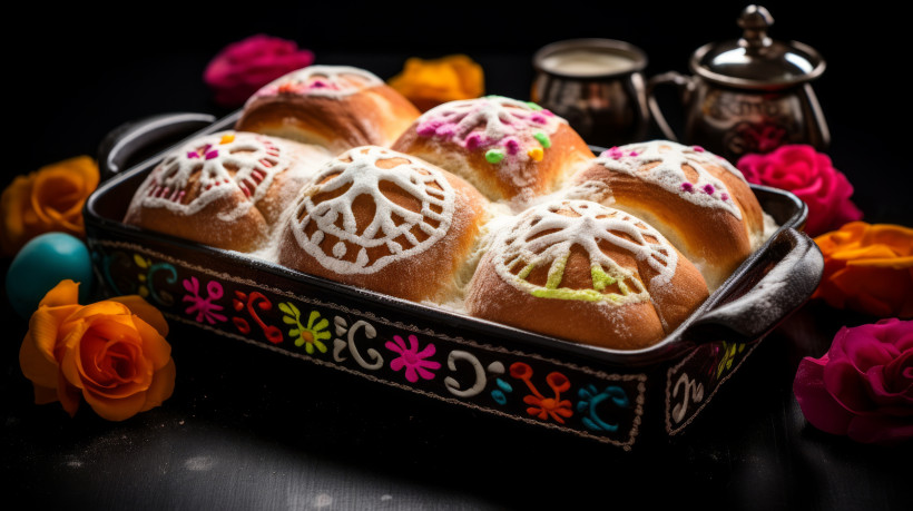 Mexiko Pan de muerto, ein traditionelles süßes mexikanisches Brot, verziert mit knochenförmigen Teigornamenten.