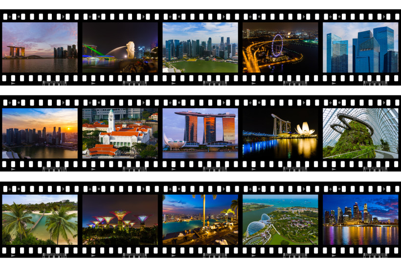 Singapur Filmstreifen mit 15 Bildern von Singapur: Skyline bei Tag und Nacht, Merlion-Brunnen, Marina Bay Sands, der beleuchtete Singapore Flyer, Gardens by the Bay, Sentosa-Strand, das viktorianische Victoria Theatre und tropische Parkanlagen.