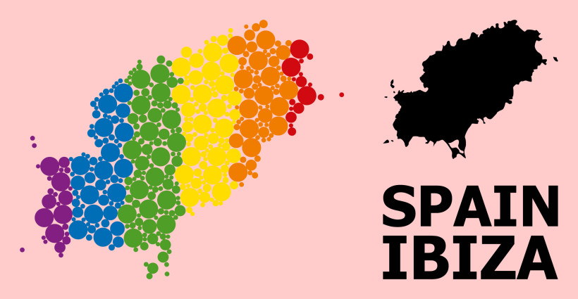 Ibiza Stilisierte Karte der Insel Ibiza in Spanien, dargestellt in einem bunten Punktmuster in Regenbogenfarben – von violett im Westen über Blau, Grün, Gelb und Orange bis Rot im Osten. Rechts daneben eine schwarze Silhouette der Insel und der Text 'Spain Ibiz