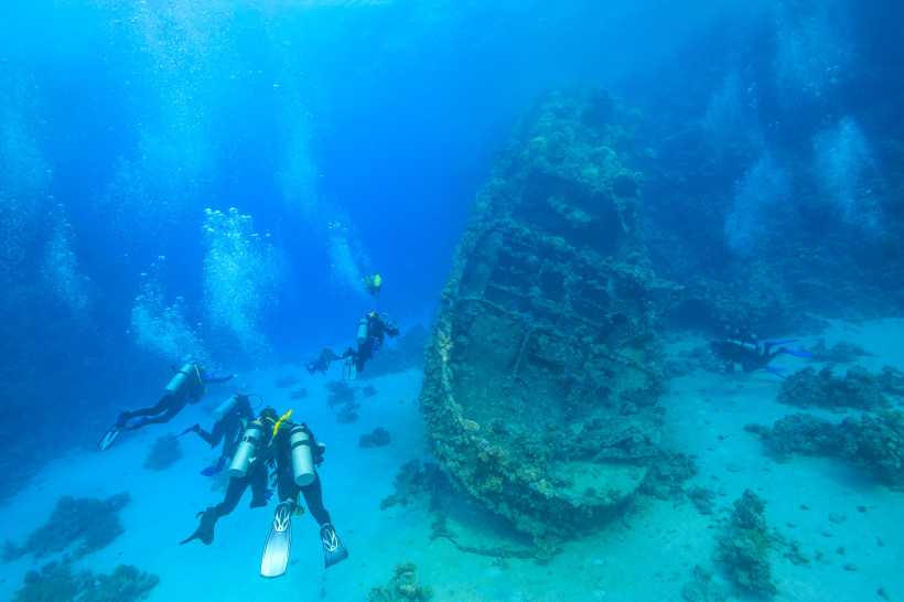 Taucher erkunden ein beeindruckendes Schiffswrack im Roten Meer Mehrere Taucher schwimmen unter Wasser an einem großen, bewachsenen Schiffswrack im Roten Meer entlang.
