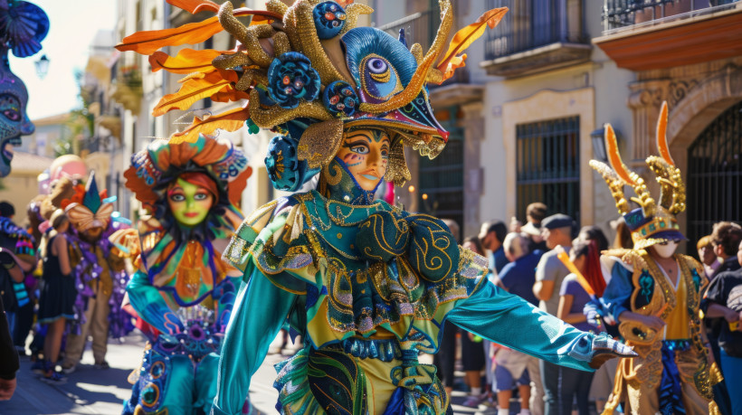 Bunt kostümierte Menschen mit fantasievollen Masken und Verzierungen bei einem Karnevalsumzug